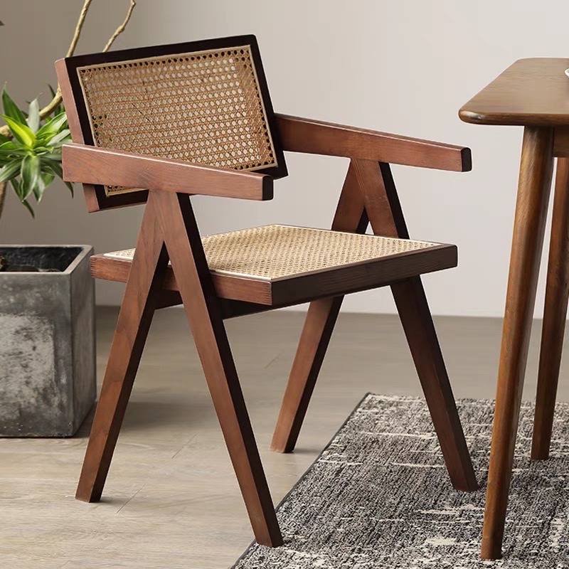 Ghế ăn, ghế cafe Jeanneret gỗ phối mây phong cách Bắc Âu