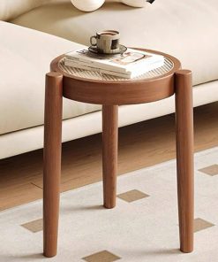 Ghế đẩu Soti mặt tròn Gỗ phối mây mắt cáo phong cách Bắc Âu