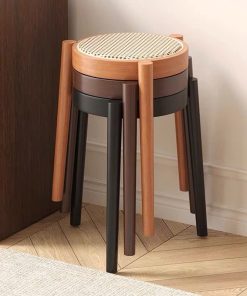 Ghế đẩu Soti mặt tròn Gỗ phối mây mắt cáo phong cách Bắc Âu