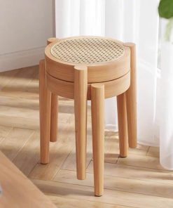 Ghế đẩu Soti mặt tròn Gỗ phối mây mắt cáo phong cách Bắc Âu