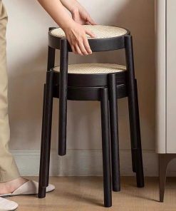 Ghế đẩu Soti mặt tròn Gỗ phối mây mắt cáo phong cách Bắc Âu