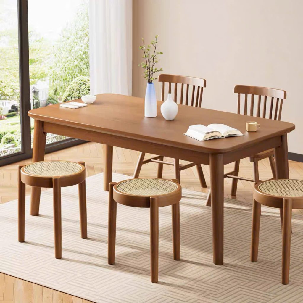 Ghế đẩu Soti mặt tròn Gỗ phối mây mắt cáo phong cách Bắc Âu