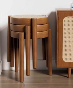 Ghế đẩu Soti mặt tròn Gỗ phối mây mắt cáo phong cách Bắc Âu