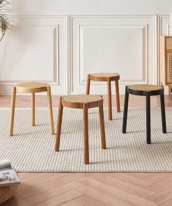 Ghế đẩu Soti mặt tròn Gỗ phối mây mắt cáo phong cách Bắc Âu