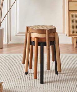 Ghế đẩu Soti mặt tròn Gỗ phối mây mắt cáo phong cách Bắc Âu