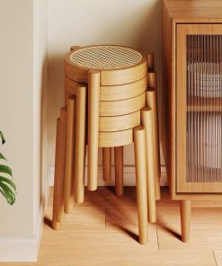 Ghế đẩu Soti mặt tròn Gỗ phối mây mắt cáo phong cách Bắc Âu