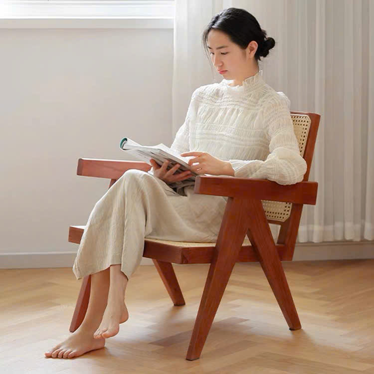 Ghế thư giãn Pierre Jeanneret gỗ phối mây phong cách Retro