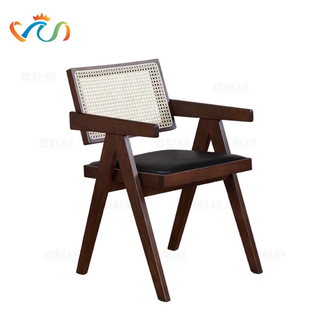 Ghế ăn, ghế cafe Jeanneret gỗ phối mây Đệm Da phong cách Bắc Âu