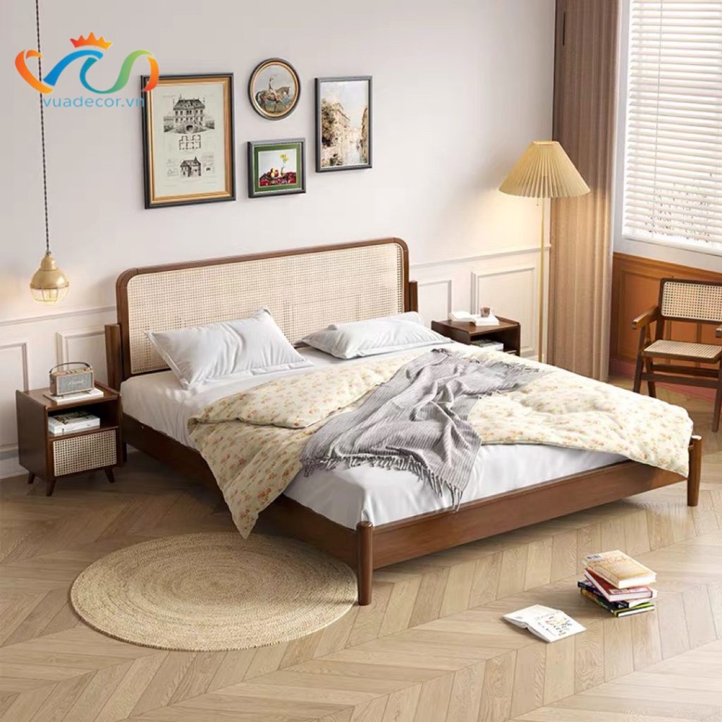 Giường ngủ Gỗ tự nhiên phối mây VG01