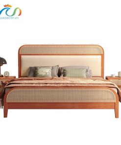 Giường ngủ Gỗ tự nhiên phối mây ốp đệm da VG03