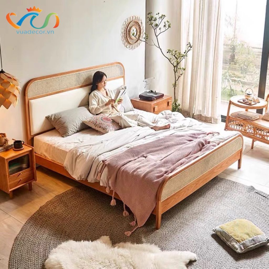 Giường ngủ Gỗ tự nhiên phối mây ốp đệm da VG03