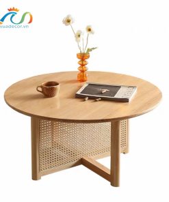 Bàn trà, bàn sofa gỗ phối mây hình tròn VBT02 phong cách Bắc Âu, hiện đại, Nhật Bản