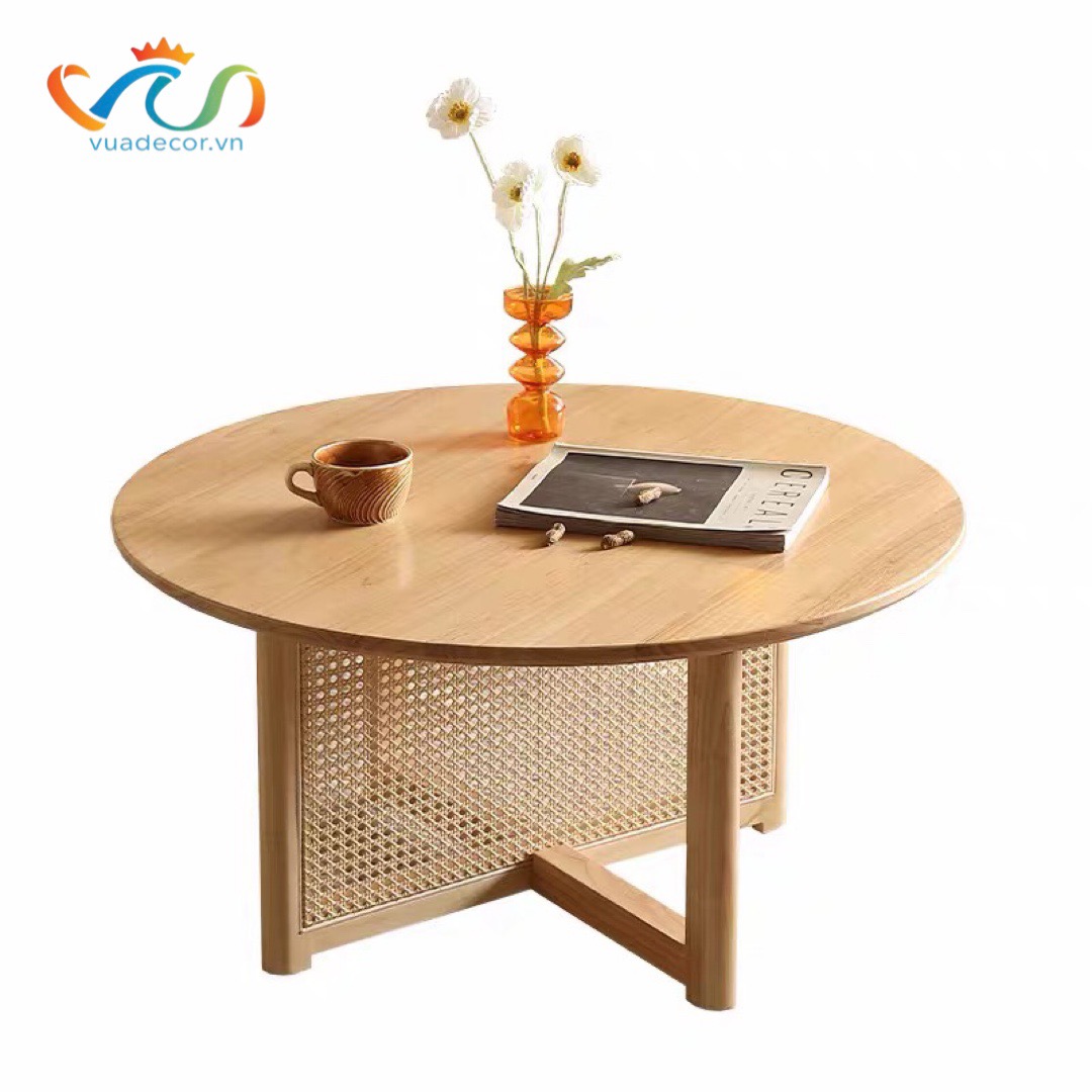 Bàn trà, bàn sofa gỗ phối mây hình tròn VBT02 phong cách Bắc Âu, hiện đại, Nhật Bản