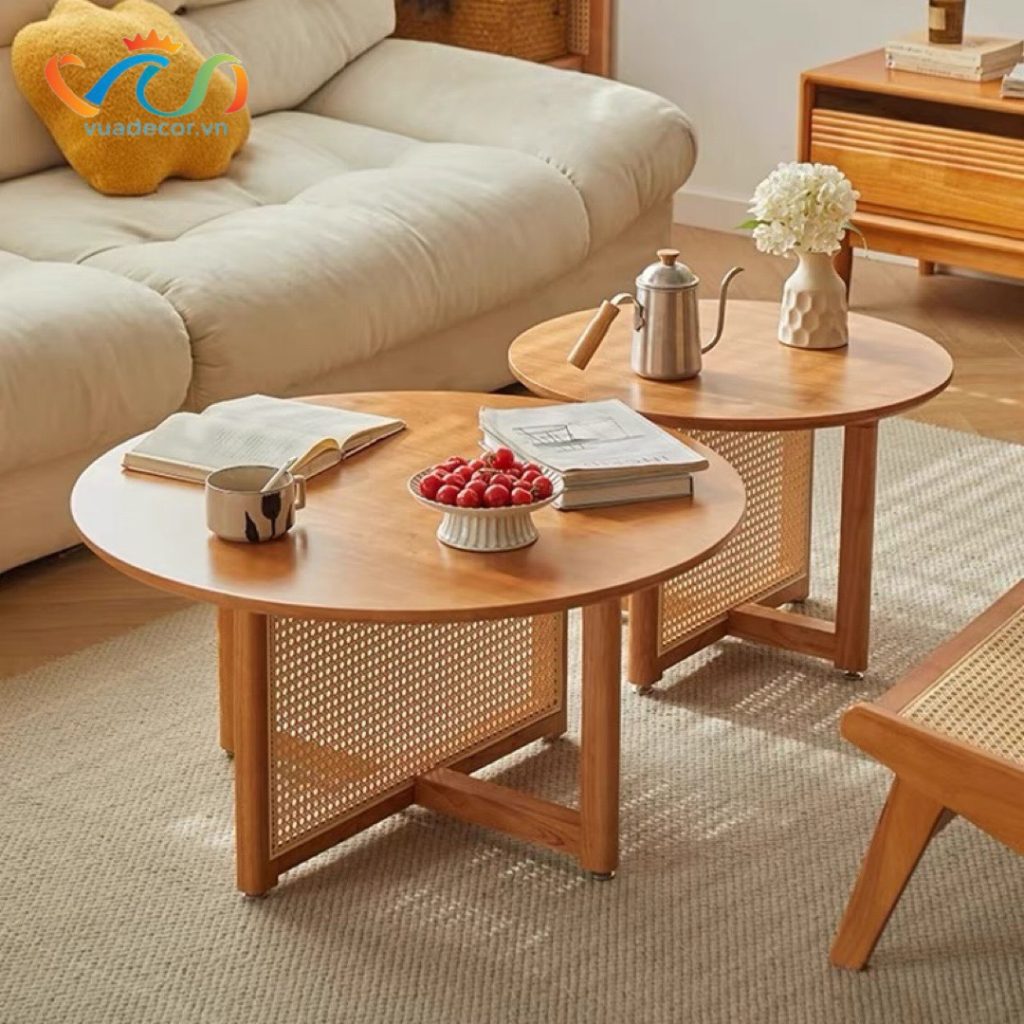 Bàn trà, bàn sofa gỗ phối mây hình tròn VBT02 phong cách Bắc Âu, hiện đại, Nhật Bản