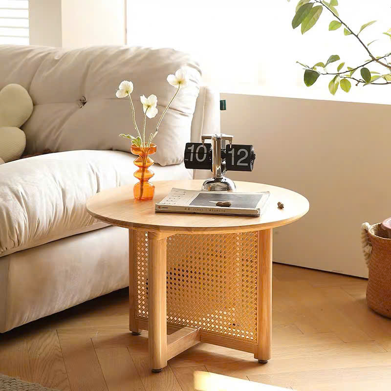 Bàn trà, bàn sofa gỗ phối mây hình tròn VBT02 phong cách Bắc Âu, hiện đại, Nhật Bản