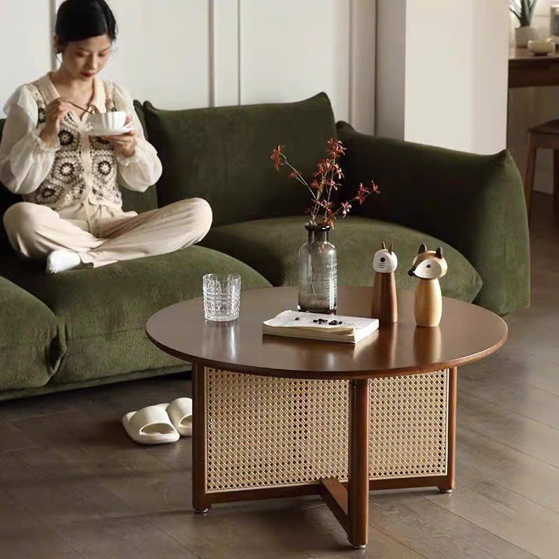 Bàn trà, bàn sofa gỗ phối mây hình tròn VBT02 phong cách Bắc Âu, hiện đại, Nhật Bản