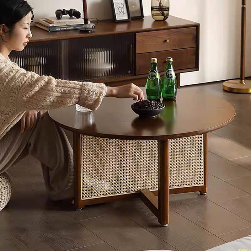 Bàn trà, bàn sofa gỗ phối mây hình tròn VBT02 phong cách Bắc Âu, hiện đại, Nhật Bản