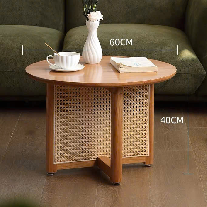 Bàn trà, bàn sofa gỗ phối mây hình tròn VBT02 phong cách Bắc Âu, hiện đại, Nhật Bản