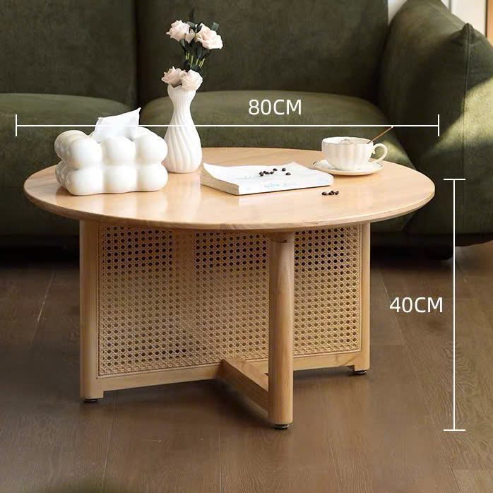 Bàn trà, bàn sofa gỗ phối mây hình tròn VBT02 phong cách Bắc Âu, hiện đại, Nhật Bản