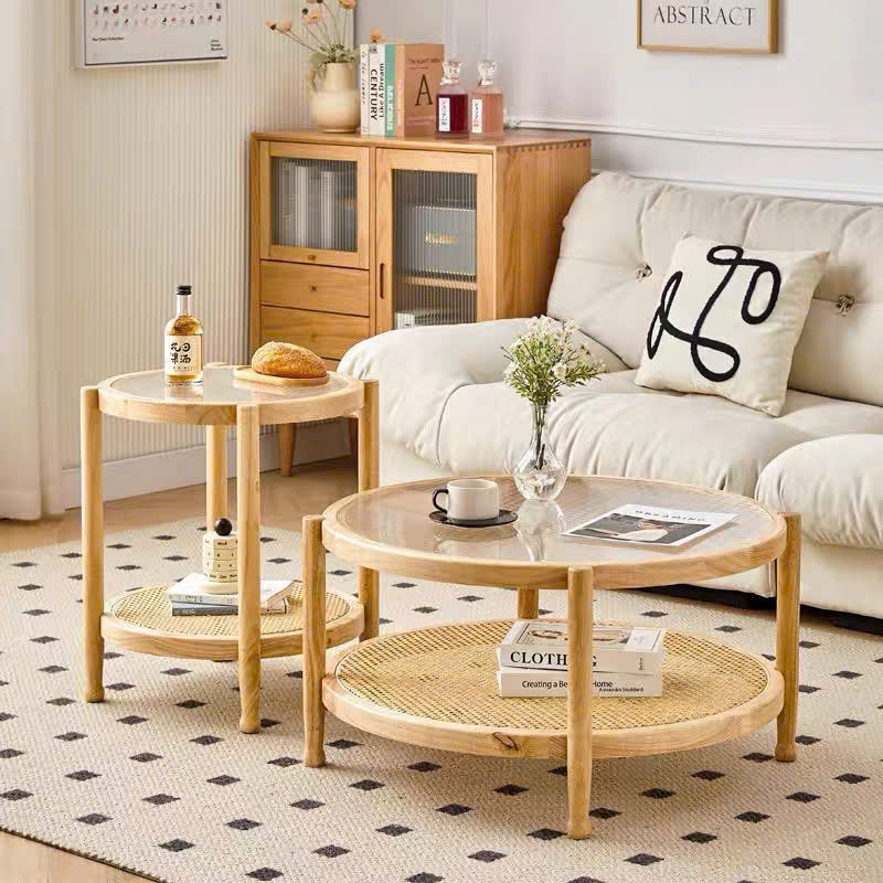 Bàn trà, bàn sofa 2 tầng gỗ phối mây mặt kính sóng hình tròn VBT01 phong cách Bắc Âu, hiện đại, Nhật Bản