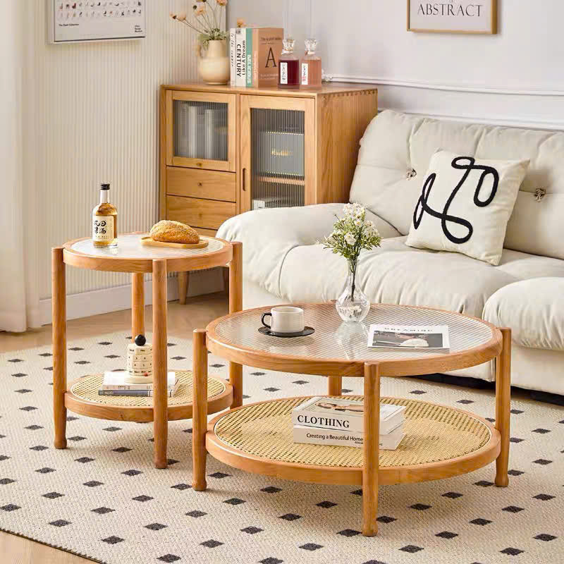 Bàn trà, bàn sofa 2 tầng gỗ phối mây mặt kính sóng hình tròn VBT01 phong cách Bắc Âu, hiện đại, Nhật Bản