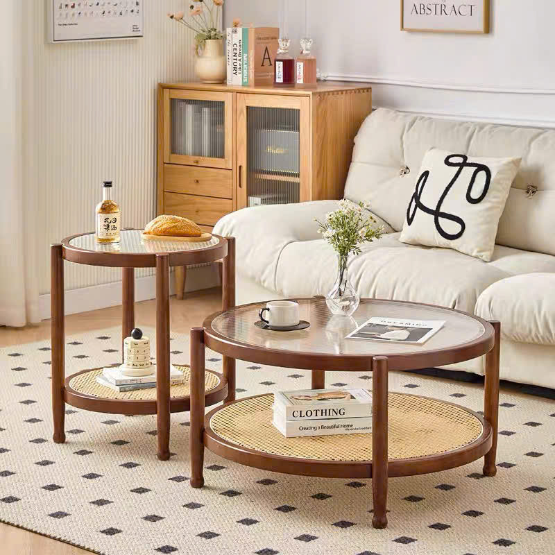 Bàn trà, bàn sofa 2 tầng gỗ phối mây mặt kính sóng hình tròn VBT01 phong cách Bắc Âu, hiện đại, Nhật Bản