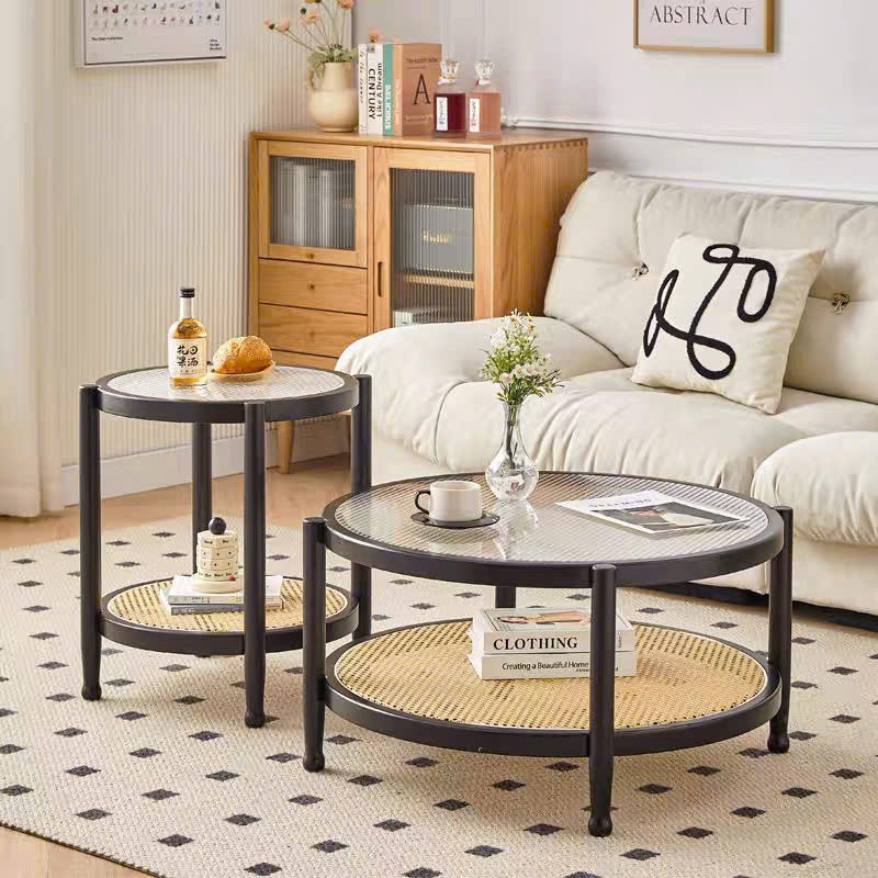 Bàn trà, bàn sofa 2 tầng gỗ phối mây mặt kính sóng hình tròn VBT01 phong cách Bắc Âu, hiện đại, Nhật Bản