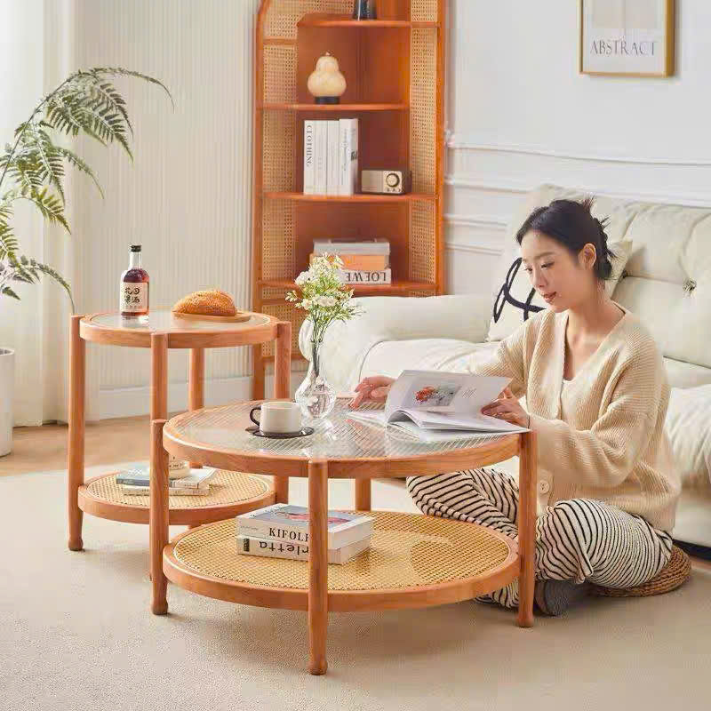 Bàn trà, bàn sofa 2 tầng gỗ phối mây mặt kính sóng hình tròn VBT01 phong cách Bắc Âu, hiện đại, Nhật Bản