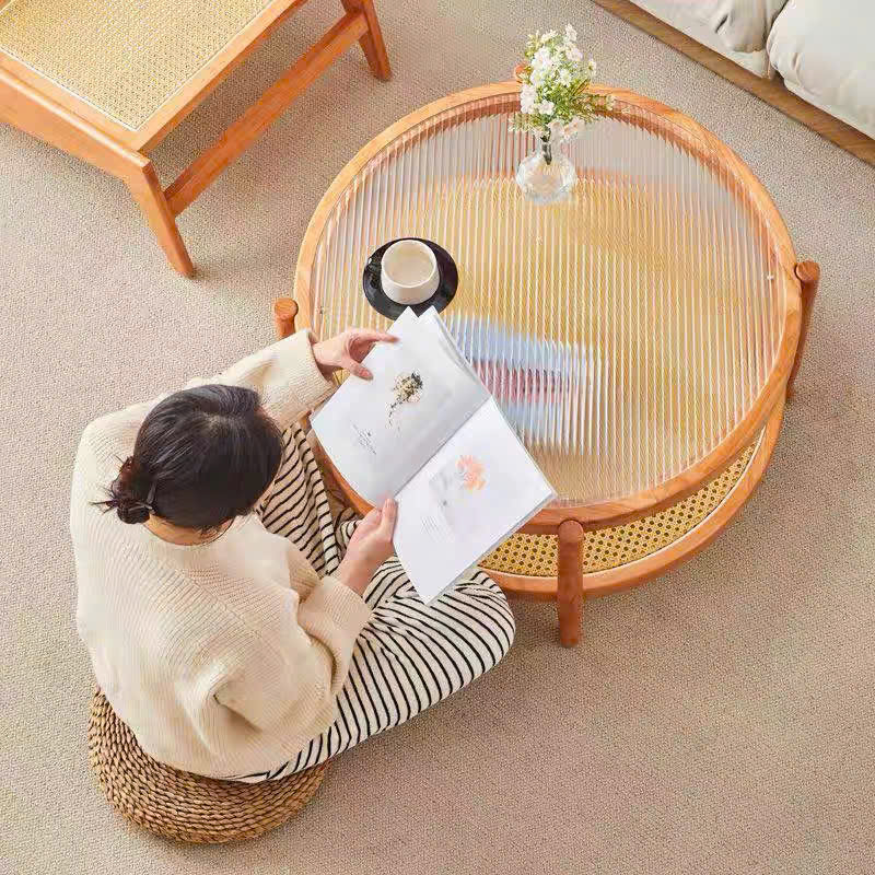 Bàn trà, bàn sofa 2 tầng gỗ phối mây mặt kính sóng hình tròn VBT01 phong cách Bắc Âu, hiện đại, Nhật Bản