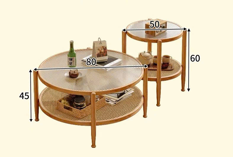 Bàn trà, bàn sofa 2 tầng gỗ phối mây mặt kính sóng hình tròn VBT01 phong cách Bắc Âu, hiện đại, Nhật Bản