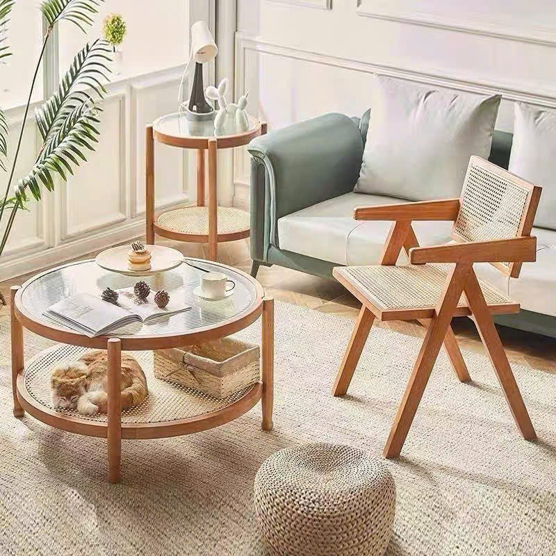 Bàn trà, bàn sofa 2 tầng gỗ phối mây mặt kính sóng hình tròn VBT01 phong cách Bắc Âu, hiện đại, Nhật Bản