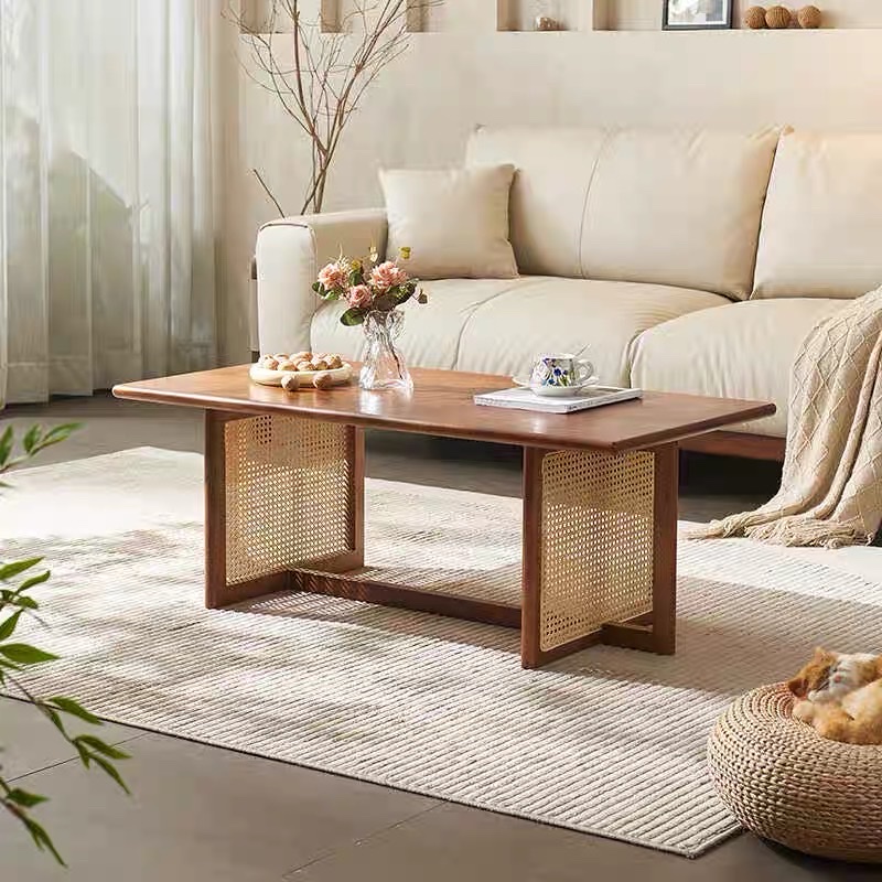 Bàn trà, bàn sofa gỗ phối mây hình chữ nhật VBT04 phong cách Bắc Âu, hiện đại, Nhật Bản