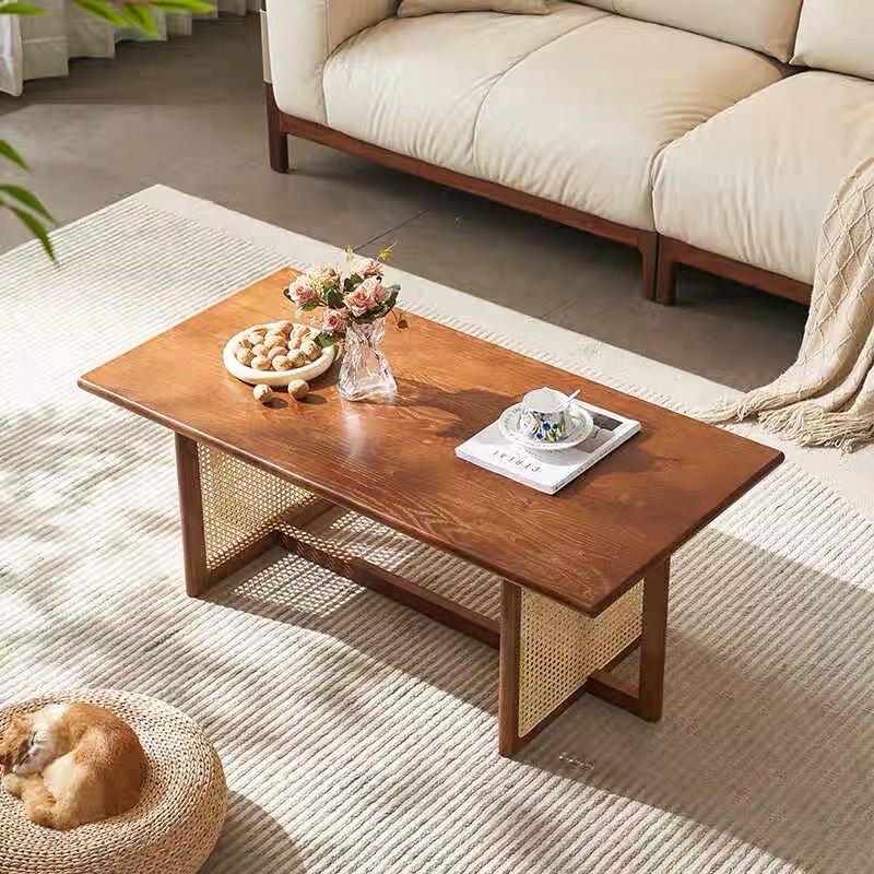 Bàn trà, bàn sofa gỗ phối mây hình chữ nhật VBT04 phong cách Bắc Âu, hiện đại, Nhật Bản