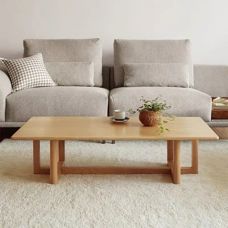 Bàn trà, bàn sofa gỗ phối mây hình chữ nhật VBT04 phong cách Bắc Âu, hiện đại, Nhật Bản