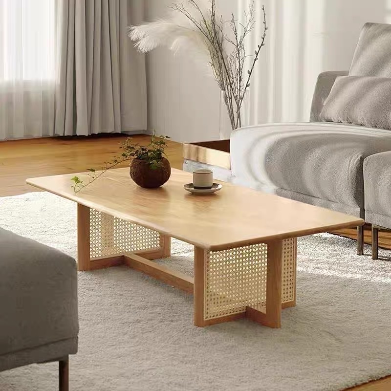 Bàn trà, bàn sofa gỗ phối mây hình chữ nhật VBT04 phong cách Bắc Âu, hiện đại, Nhật Bản