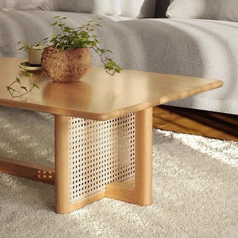 Bàn trà, bàn sofa gỗ phối mây hình chữ nhật VBT04 phong cách Bắc Âu, hiện đại, Nhật Bản