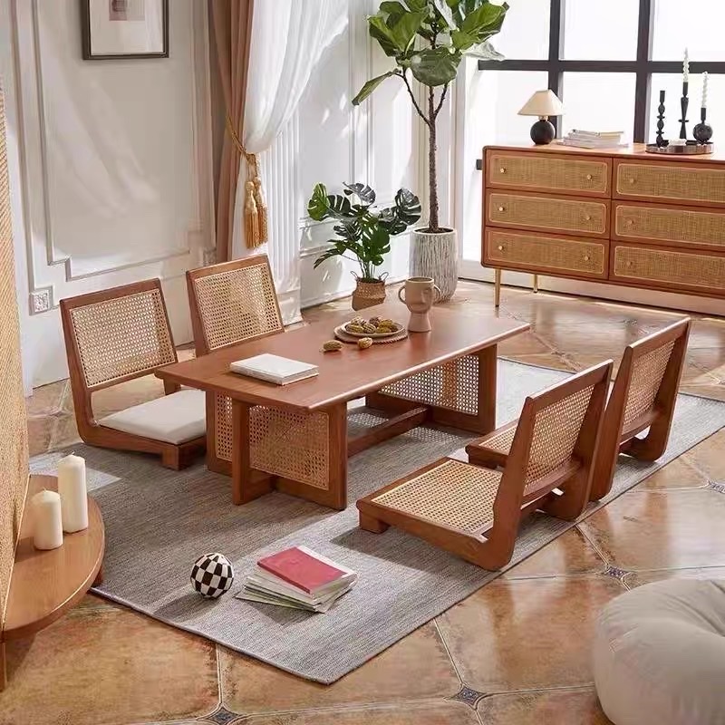 Bàn trà, bàn sofa gỗ phối mây hình chữ nhật VBT04 phong cách Bắc Âu, hiện đại, Nhật Bản