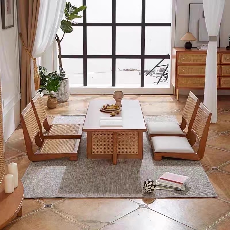 Bàn trà, bàn sofa gỗ phối mây hình chữ nhật VBT04 phong cách Bắc Âu, hiện đại, Nhật Bản