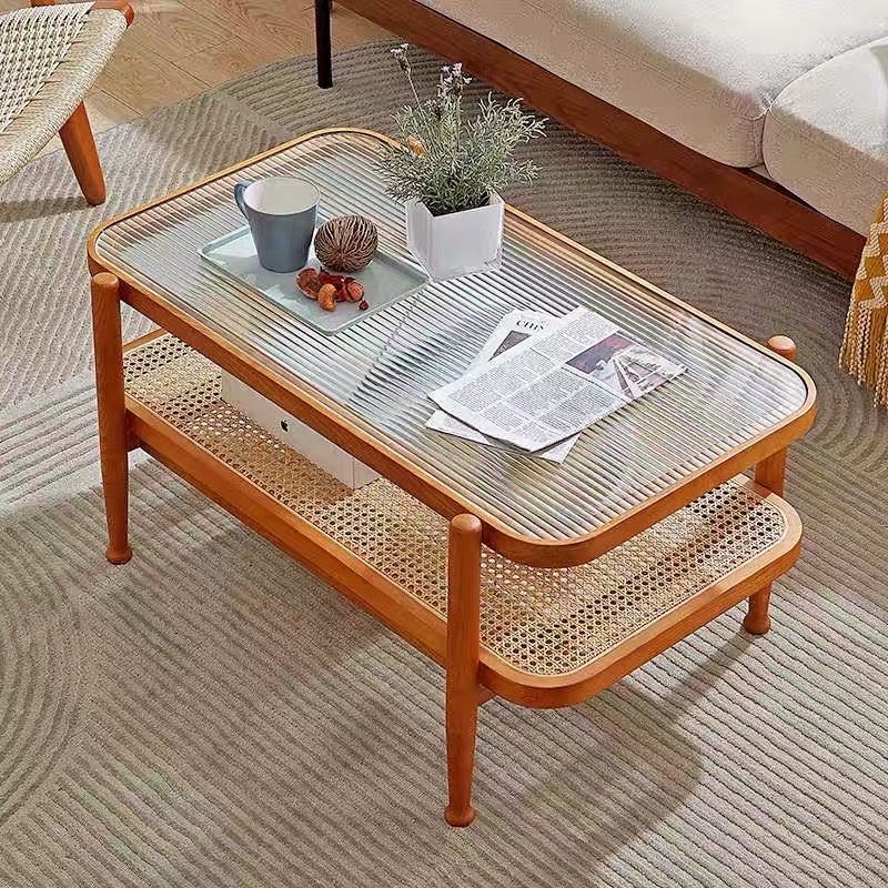 Bàn trà, bàn sofa 2 tầng gỗ phối mây mặt kính sóng hình chữ nhật VBT05 phong cách Bắc Âu, hiện đại, Nhật Bản