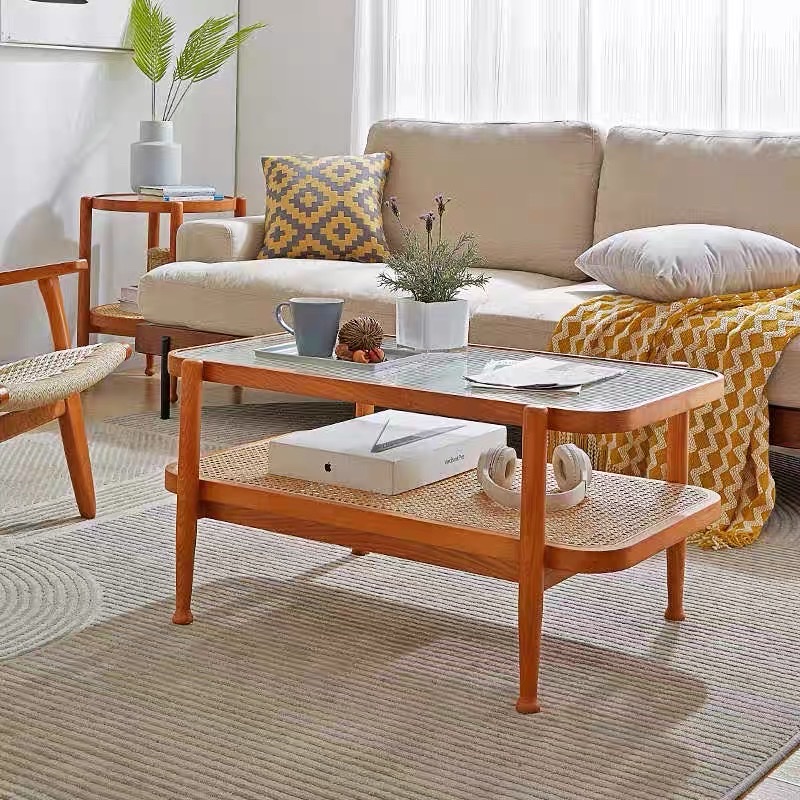 Bàn trà, bàn sofa 2 tầng gỗ phối mây mặt kính sóng hình chữ nhật VBT05 phong cách Bắc Âu, hiện đại, Nhật Bản