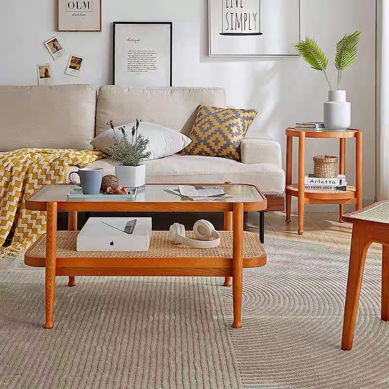 Bàn trà, bàn sofa 2 tầng gỗ phối mây mặt kính sóng hình chữ nhật VBT05 phong cách Bắc Âu, hiện đại, Nhật Bản