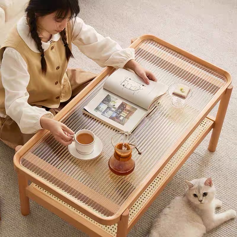 Bàn trà, bàn sofa 2 tầng gỗ phối mây mặt kính sóng hình chữ nhật VBT05 phong cách Bắc Âu, hiện đại, Nhật Bản