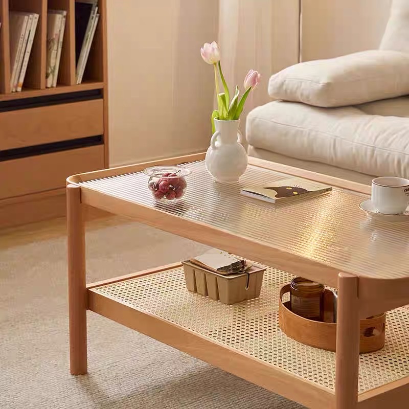 Bàn trà, bàn sofa 2 tầng gỗ phối mây mặt kính sóng hình chữ nhật VBT05 phong cách Bắc Âu, hiện đại, Nhật Bản