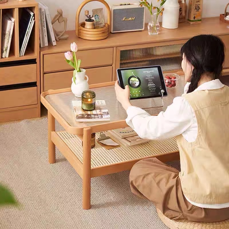 Bàn trà, bàn sofa 2 tầng gỗ phối mây mặt kính sóng hình chữ nhật VBT05 phong cách Bắc Âu, hiện đại, Nhật Bản