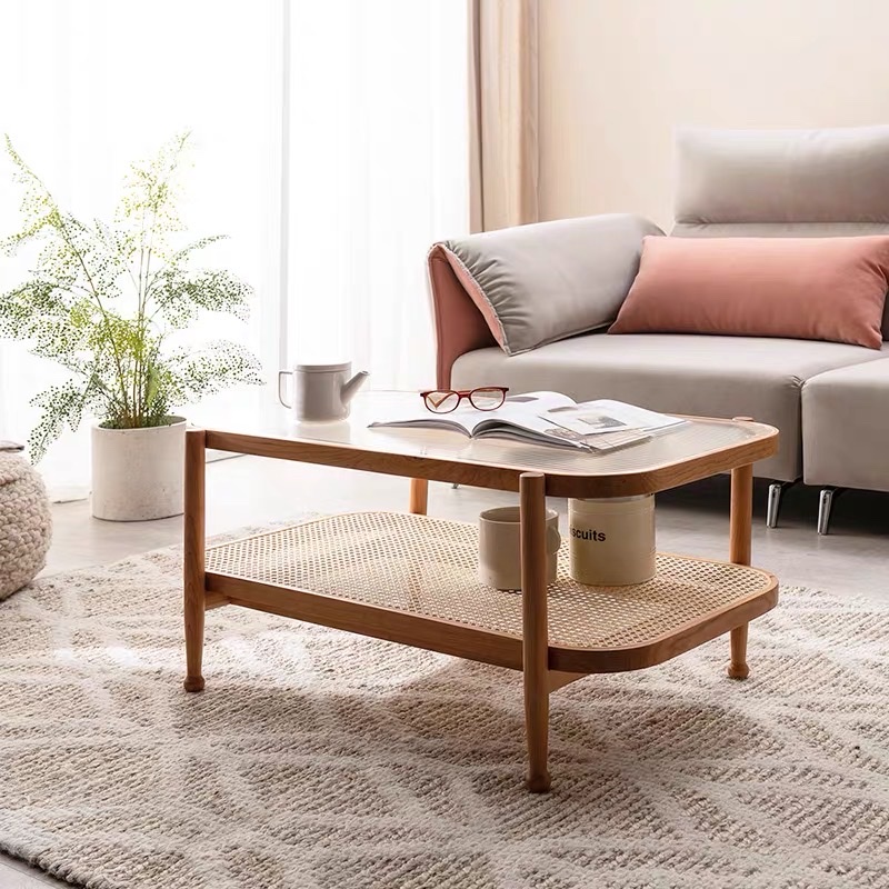 Bàn trà, bàn sofa 2 tầng gỗ phối mây mặt kính sóng hình chữ nhật VBT05 phong cách Bắc Âu, hiện đại, Nhật Bản