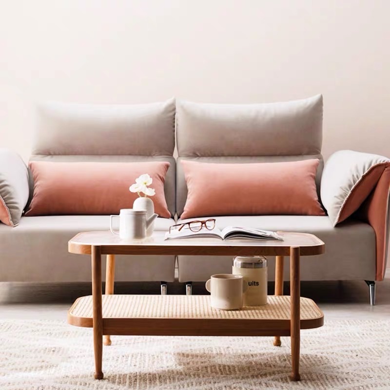 Bàn trà, bàn sofa 2 tầng gỗ phối mây mặt kính sóng hình chữ nhật VBT05 phong cách Bắc Âu, hiện đại, Nhật Bản