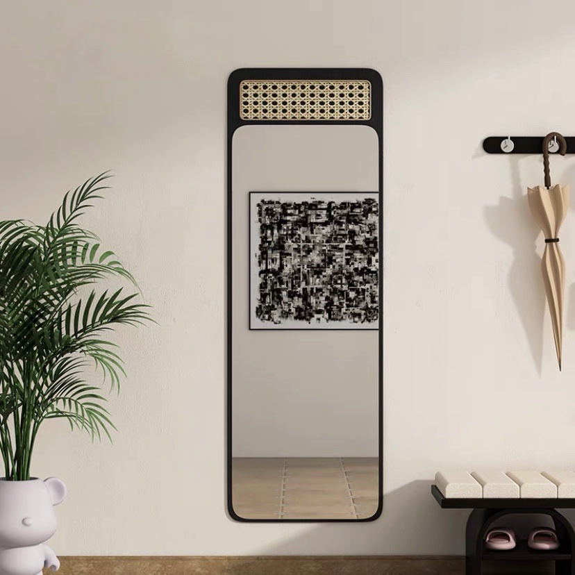 Gương toàn thân gỗ phối mây hình Chữ nhật