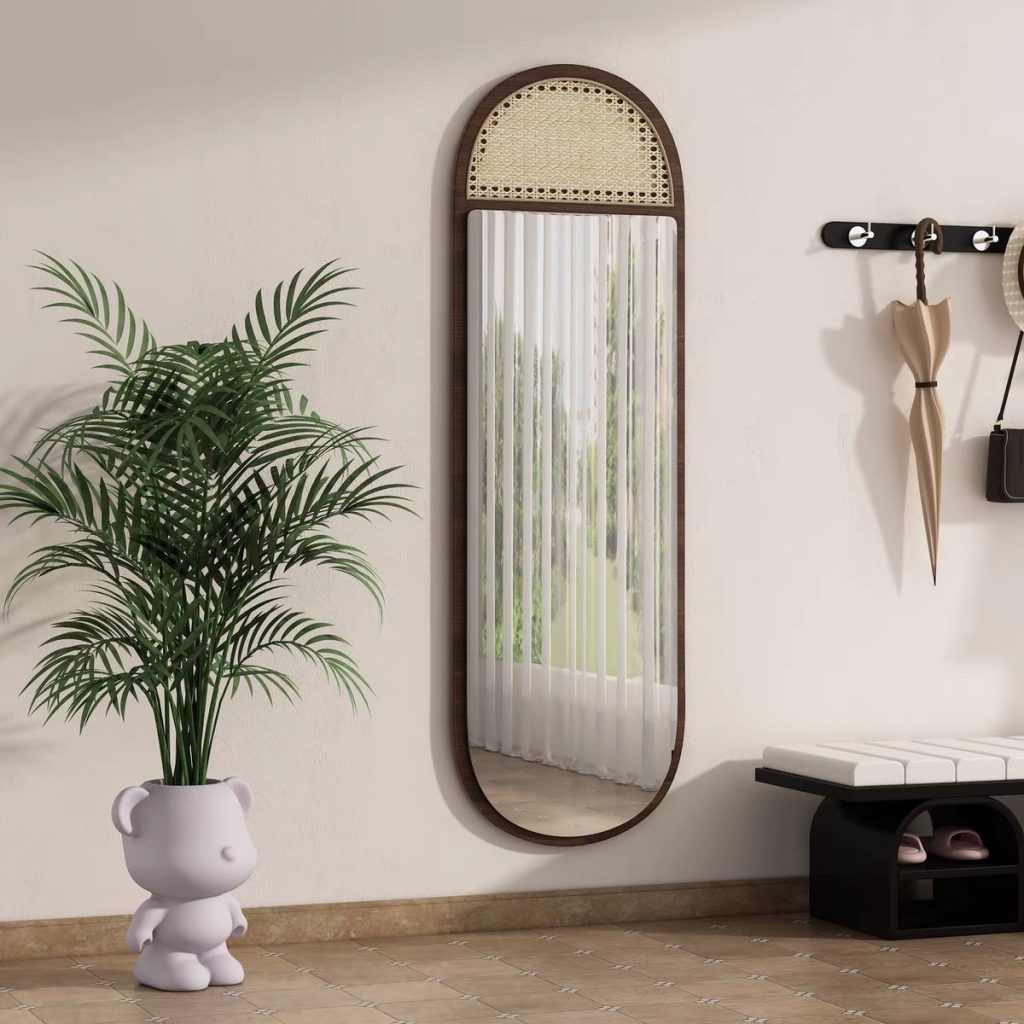 Gương toàn thân gỗ phối mây hình Oval