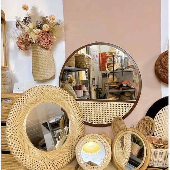Gương gỗ phối mây hình tròn