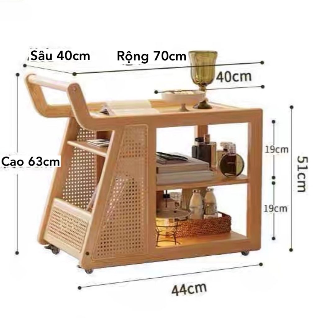 Bàn trà, Tủ Tab mini gỗ phối mây có bánh xe VGD18